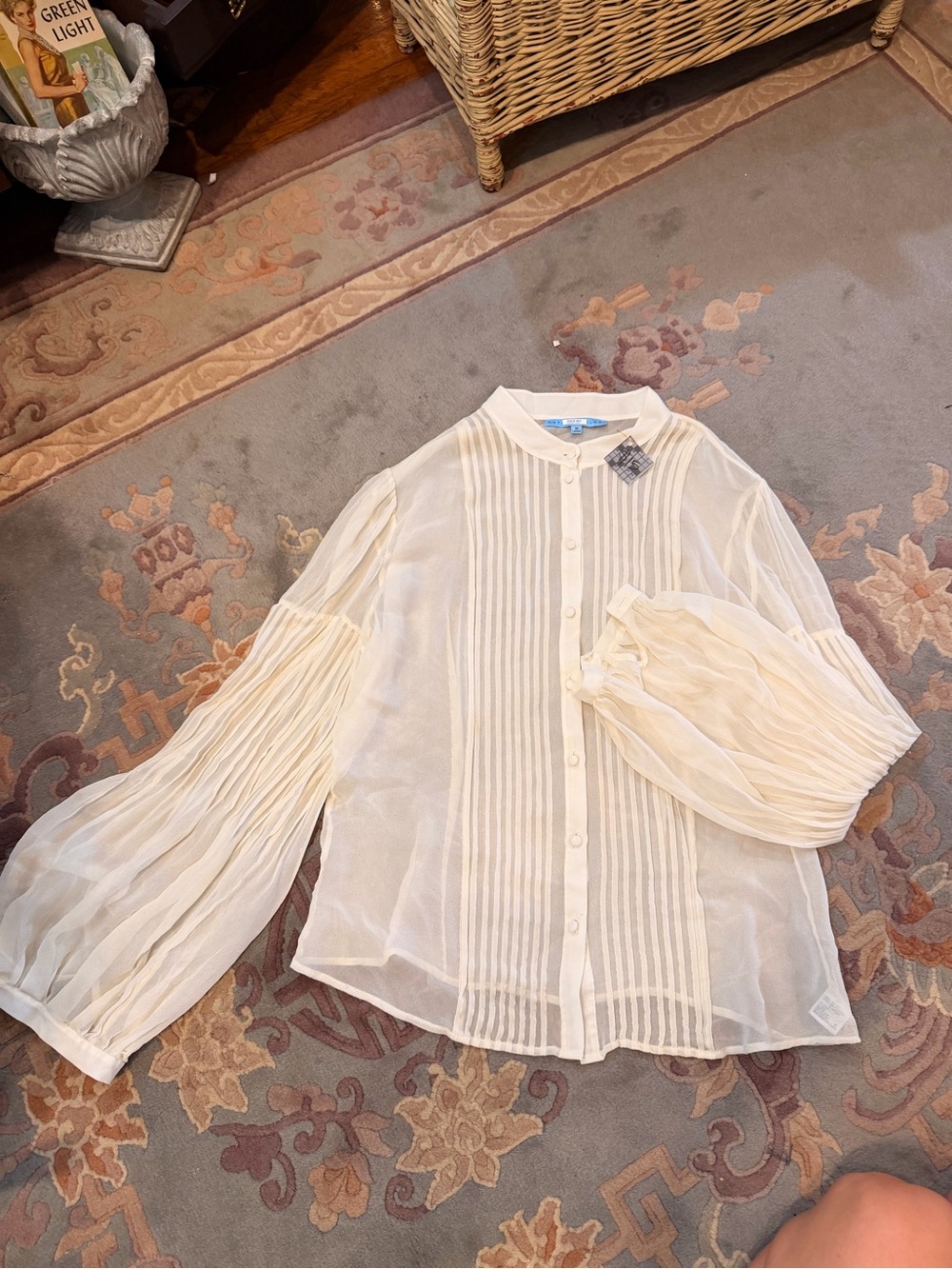 ANTONIO MELANI Sheer Ivory Pleated Button-Front Blouse